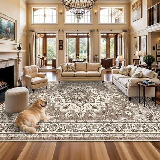 TOPRUUG Washable 12x15 Area Rug - Extra Large Rugs for Living Room Soft Low Pile Carpet for Bedroom Non-Slip Stain Resistant Vintage Indoor Floor Carpets (Beige, 12x15)