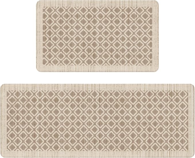 Tan Khaki Vintage Geometric Elegance Grid Kitchen Rug Sets [2 PCs], Anti-Fatigue, Waterproof Non-Slip Kitchen Mats Heavy Duty Comfort Foam Rug for Kitchen, Floor, Laundry,17"x29"+17"x47"
