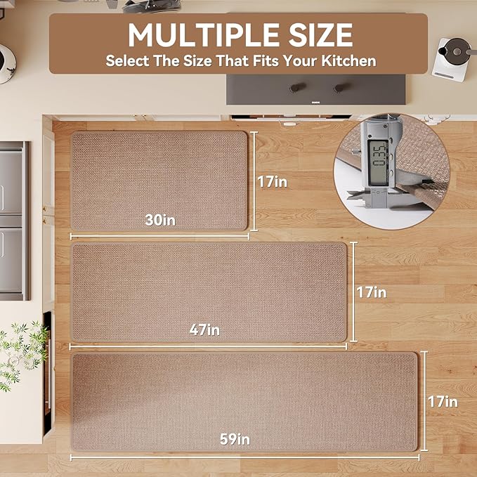 YDKGL Kitchen Rugs Mat Non Slip Washable, Linen-Look 0.3" Thick Soft Cushioned Absorbent Kitchen Mats for Floor, Mild Anti-Fatigue Runner Rug Sink Mat Laundry Standing Mats, Easy Clean, Brown 17"x47"
