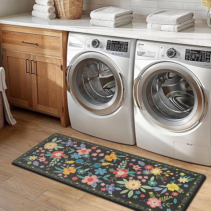 GENIMO Anti Fatigue Kitchen Mats for Floor 2PCS, Cushioned Standing Mats | 20"x32"&20"x48", Black vintage floral rug set, waterproof, non slip, easy-clean for farmhouse