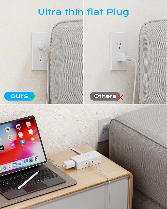 Kakyanill Surge Protector Power Strip, 10 ft Flat Extension Cord with 4 Outlets 3 USB Ports (2 USB C), Flat Plug Power Strip with 900 Joules Protection, Suitable for Home Office Dorm Room, White