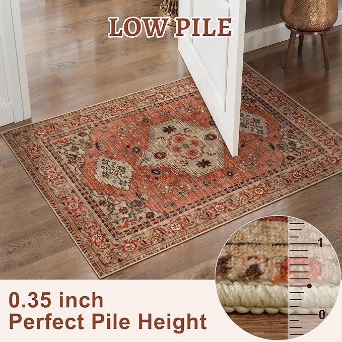Tangsoo Boho Hallway Runner Rug 2.6x10 Washable Runner Rug for Hallways, Non Slip Vintage Soft Low Pile Long Rug Runner, Oriental Terracotta Carpet Runners for Kitchen Bedroom Entryway Living Room