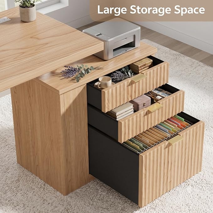 75.5'' Electric Standing Desk with Drawers, Farmhouse Height Adjustable Corner Desk, Sit Stand Office Desk with 4 AC Outlets & Type C Port, Executive Computer Desk, Natural