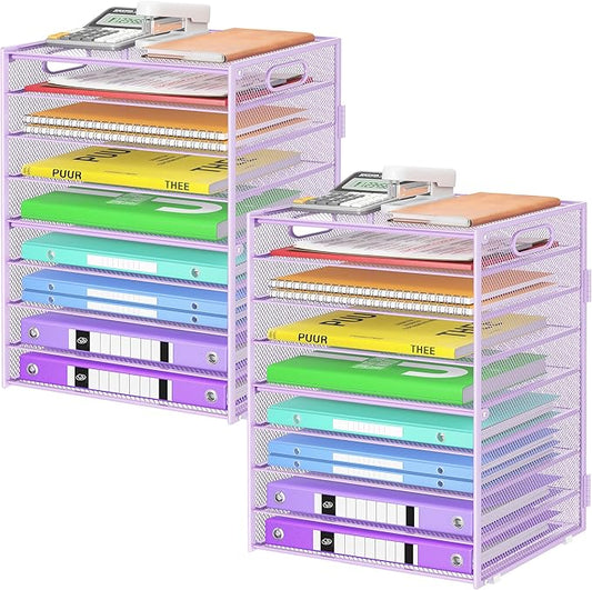 9 Tier Paper Organizer with Handle, 2 Pack Large Capacity Desk Organizer Mesh Paper Letter Tray File Folder Document Sorter for Classroom and Office Accessories Organization- Purple