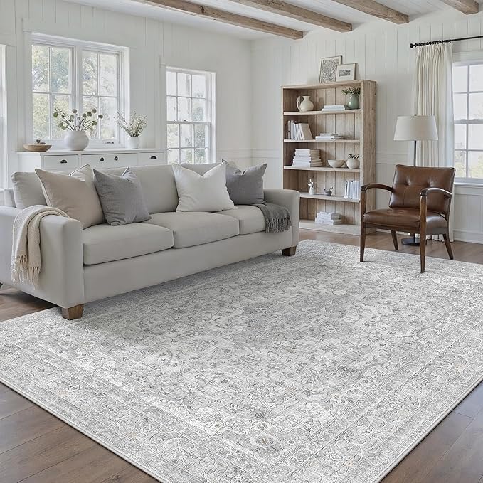PureCozy Gray Area Rug 8x10 for Living Room Washable Vintage Carpet Low Pile Non Slip Distressed Soft Traditional Retro Oriental Large Grey Accent Throw Rug Office Bedroom Dining Room Playroom