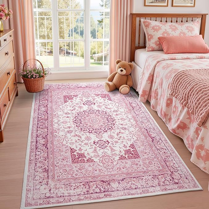 Macgace Bright Pink Area Rug for Girls Bedroom, 3x5 Soft Washable Rugs with Non-Slip Backing for Living Room, Cute Vintage Carpet for Kitchen Laundry Kids Room Decor