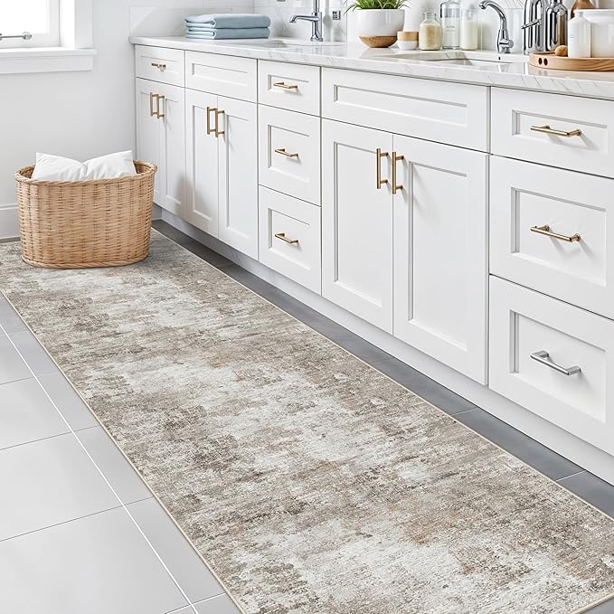 Long Runner Rug for Hallway 2x10 Ft - Non-Slip Washable Carpet Runner for Kitchen Hall Indoor Entryway, Bedroom, Living Room, Modern Abstract Low-Pile （Beige Grey）