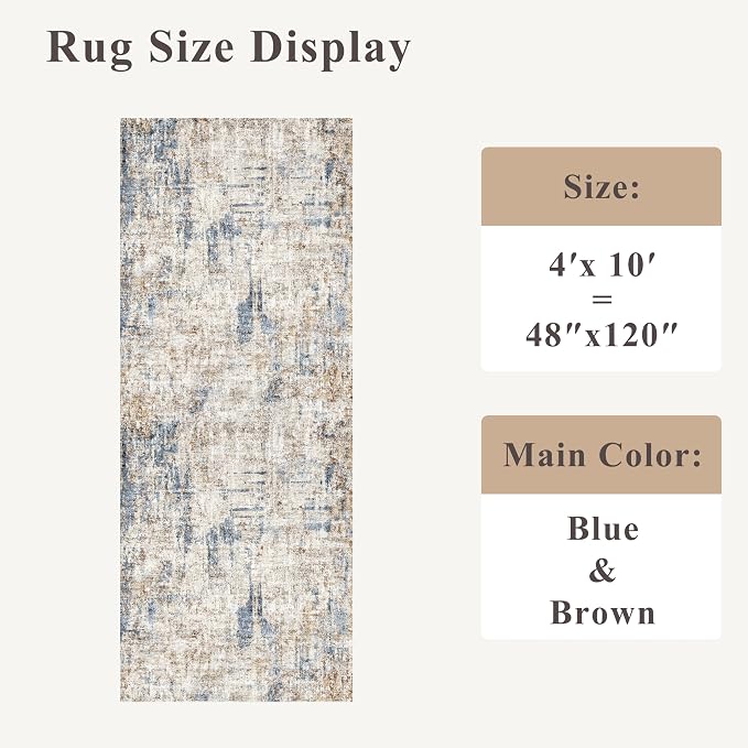 4x10 ft Extra Wide Hallway Rug – Non-Slip Washable Rubber-Backed Large Carpet Runner for Kitchen, Entryway | Modern Abstract, Low-Pile Thin Floor Mat for Bedroom Living Room Dining Room(Blue Brown)