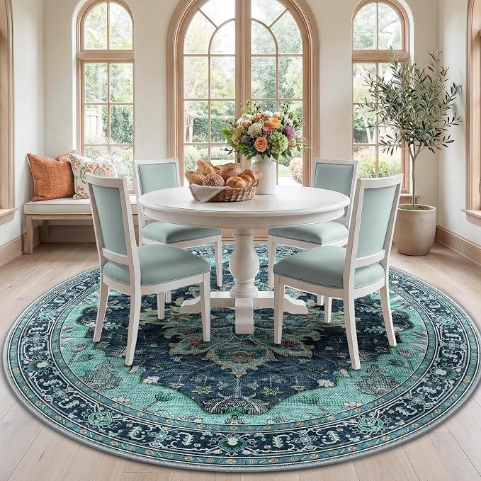 RELEANY Area Rugs Round 7ft Washable Non-Slip, Floral Vintage Distress Medallion Carpet for Living Room Bedroom Dining Room, Teal Green Lake Blue Turquoise