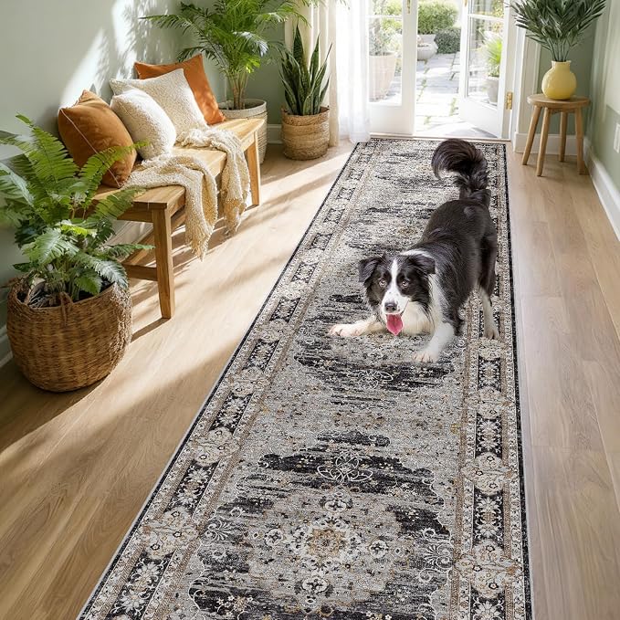 2x10 Runner Rug for Hallway Washable: Non Slip Kitchen Rugs with Rubber Backing Soft Waterproof Wide Mats Stain Resistant Low Pile Carpet for Entryway Bedroom Bathroom Laundry Home Decor Black/Gray