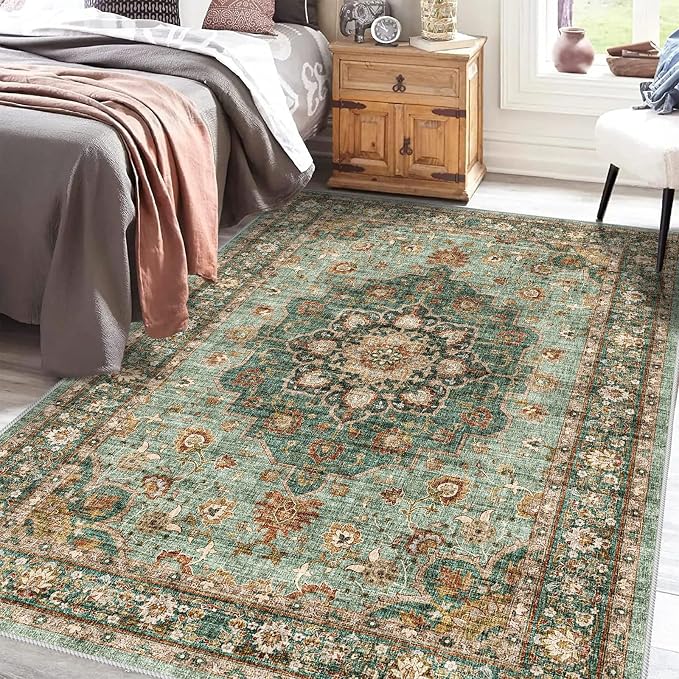 TOPRUUG Washable Oriental Area Rug - 5x8 Rugs for Living Room Soft Carpet for Bedroom Waterproof Floral Distressed Indoor Stain Resistant Non-Shedding Floor Carpets (Green, 5x8)