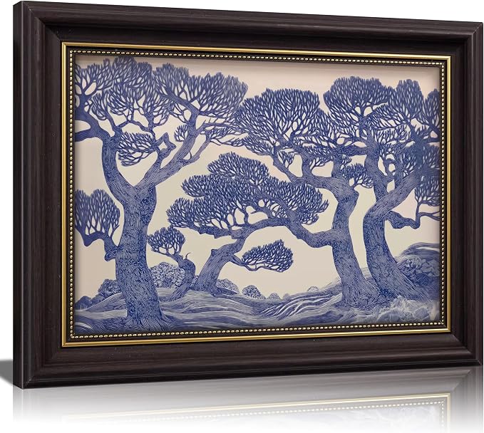 Vintage Gold Framed Wall Art Oak Tree Forest Painting Canvas Prints Blue Woodland Nature Landscape Picture Moody Botanical Poster Artwork for Living Room Bedroom, 16x24in
