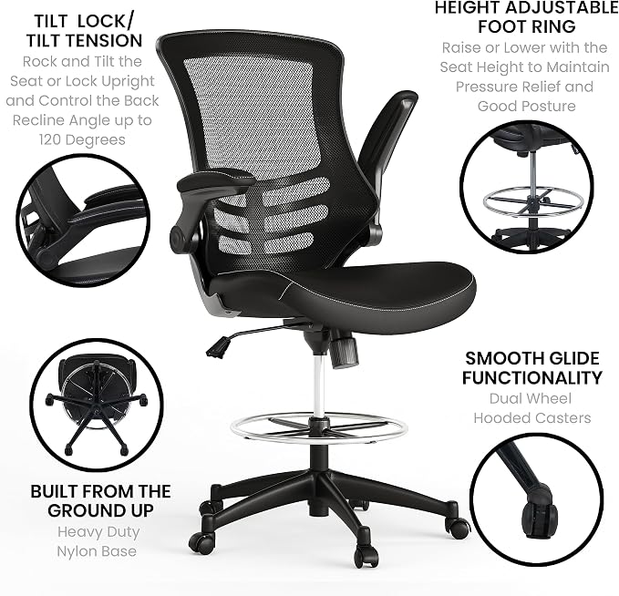 Flash Furniture Kelista Mid-Back Swivel Office Chair with Adjustable LeatherSoft Seat Height, Ergonomic Mesh Chair with Flip-Up Arms, Black | Leather soft Seat, Mid-Back, Flip-Up Arms, Mesh Back, Adjustable Foot Ring
