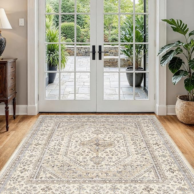 4X4 Square Rug for Living Room - Washable Kitchen Area Rug with Non Slip Rubber Backing for Bedroom Indoor Soft Stain Resistant Carpet Desk Rug for Pet-Friendly and Kitchen Decor Beige/Gray