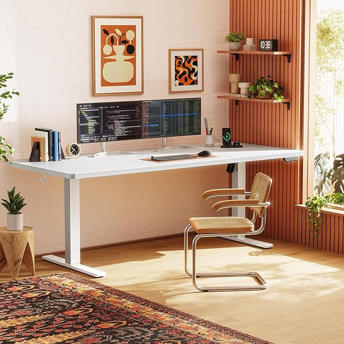 Huuger 71 X 30 Inch Electric Standing Desk with Power Outlets and USB-C Port, Height Adjustable Desk, Sit Stand Desk for Home Office, Computer & Gaming Desk with 4 Presets, Stable Steel Frame, White