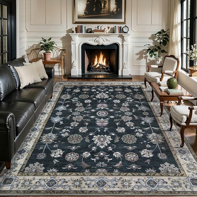 Tangsoo Vintage Black 8x10 Washable Area Rugs for Living Room, Oriental Floral Indoor Non Slip Large Area Rugs, Boho Carpet Soft Low Pile Foldable Floor Rug for Bedroom Dining Room Office