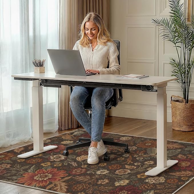 48"x72" Office Chair Mat for Hardwood Tile Floor, Under Desk Carpet Protector for Rolling Computer Chair Mat, Machine Washable Area Rug, Anti-Slip 1/5" Thick Low Pile Thin Vinyl Floor Mat, Red Brown