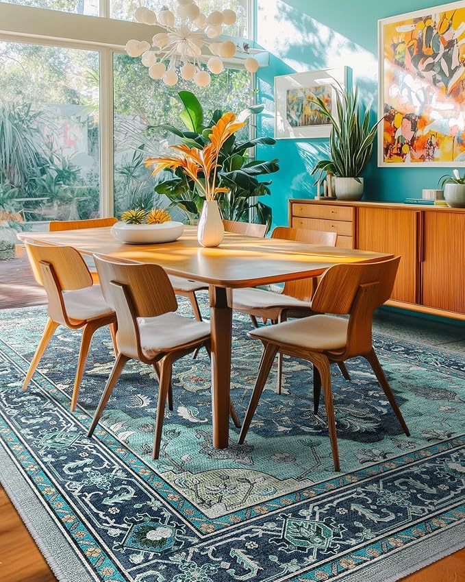 RELEANY Area Rugs 5'x8' Washable Non-Slip, Floral Vintage Distress Medallion Carpet for Living Room Bedroom Dining Room, Teal Green Lake Blue Turquoise