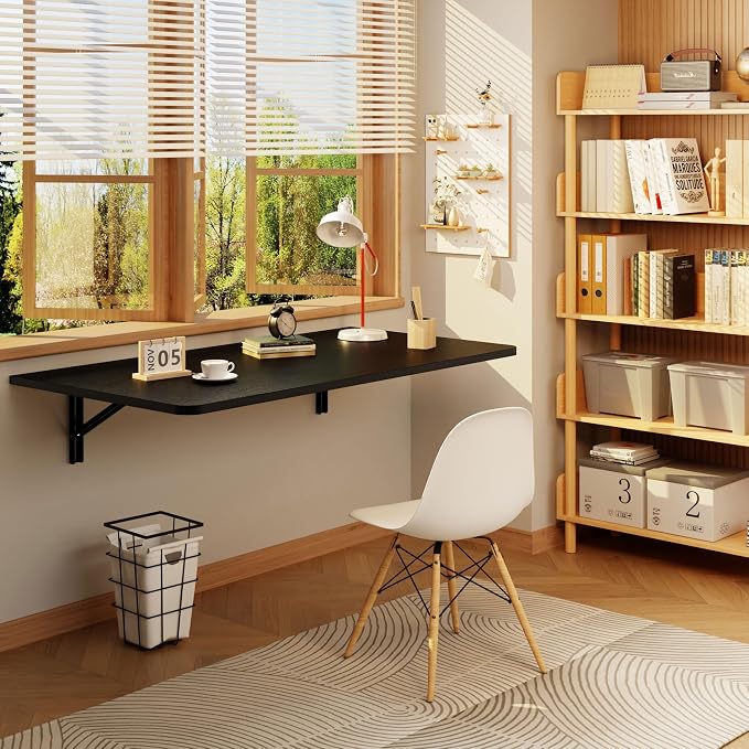 IAE Wall Mounted Floating Foldable Desk, 36" x 22" Folding Computer Workstation Table with Engineered Wood and Metal Shelf Brackets,Fold&Floating Design for Home Office, Apartment,Laundry Room,Black