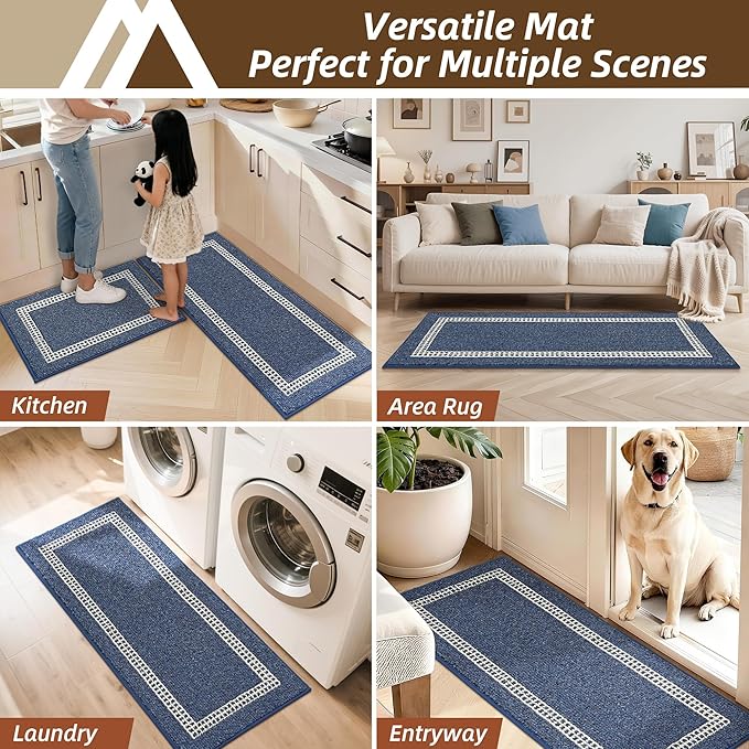 COSY HOMEER Kitchen Rugs Non-Slip 20x30/20x48 Inch Thick Polypropylene Standing Mat for Home Machine Washable, Blue