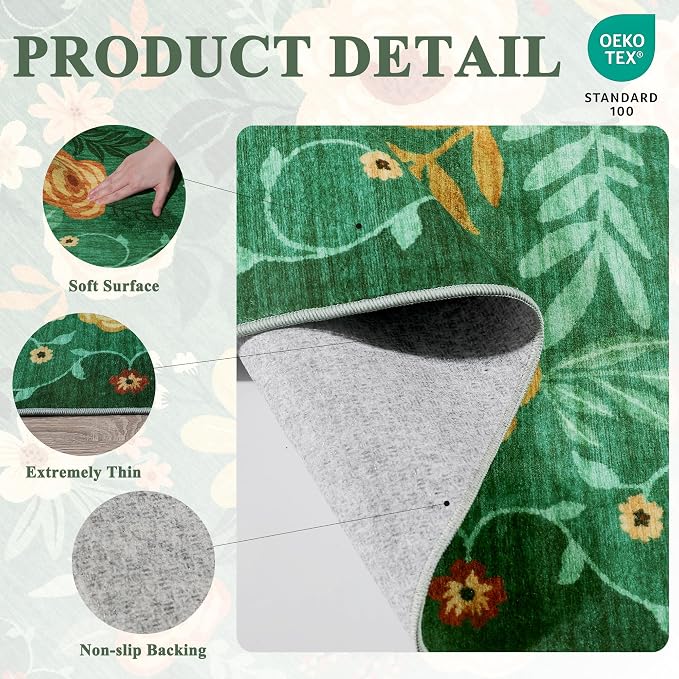 DUKINO 2x5 Runner Rug for Hallway, Washable Kitchen Floral Runner Rug with Non Slip Backing, Low Pile Soft Boho Carpet for Kitchen, Hallway, Entryway, Laundry, Bedroom, Dark Green