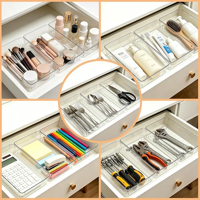 14Pack Desk Clear Drawer Organizers 6"*9" | makeup acrylic drawer trays for vanity, bathroom, office, nightstand, junk, kitchen, Versatile plastic divider storage bins