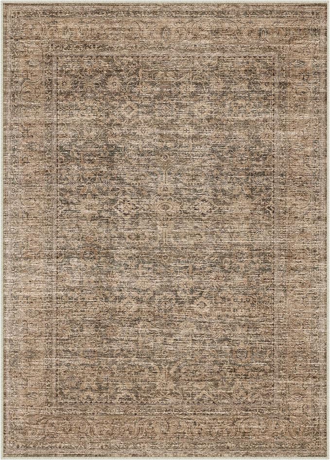 PureCozy Washable Rug 3x5, Entryway Brown Indoor Non Slip Small Low Plie Thin Bedroom Kitchen Area Rugs Retro Accent Throw Office Vintage Carpet for Nursery Under Coffee Table