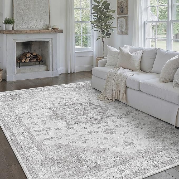 PureCozy Grey Gray Area Rug 6x9 Washable Vintage Carpet for Living Room Bedroom Large Soft Retro Low Pile Thin Indoor Rug Non Slip Oriental Medallion Floor Cover for Dining Room Office