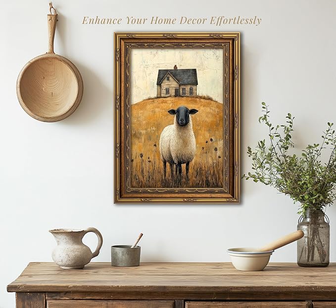 Vintage Gold Framed Wall Art Retro Country Sheep Oil Painting Canvas Prints Farmhouse Landscape Picture Wall Decor Rustic Farmhouse Animal Poster Artwork for Living Room Bedroom Bathroom, 9x11in