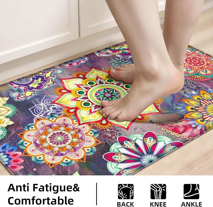 Boho Red Floral Kitchen Rugs Mats for Floor 2 Piece Memory Foam Padded Kitchen Mats Anti Fatigue Non Slip Cushioned Comfort Standing Mat, 17.3x28+17.3x47 Inch