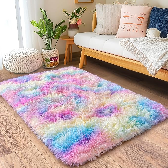 Small Area Rug, 2x3 Rainbow Rug for Bedroom Shaggy Throw Rugs for Girls Room, Soft Carpet for Kids Room, Plush Non-Slip Fluffy Bedside Rug for Living Room Nursery Dorm Home Decor