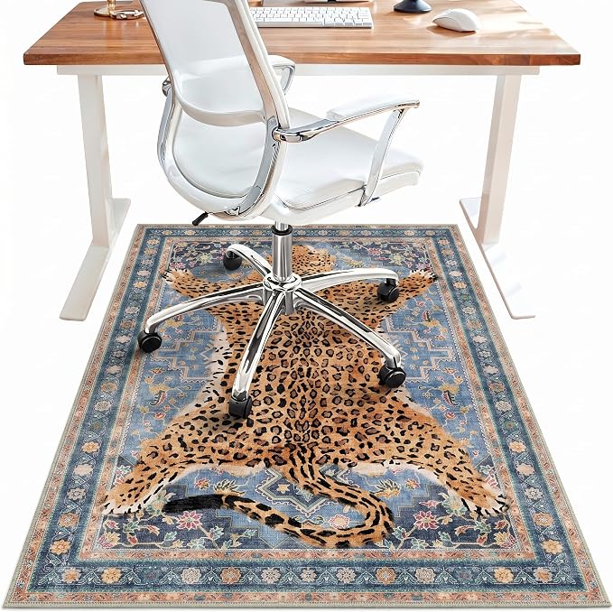 36"x60" Office Chair Mat for Hardwood Tile Floor, Under Desk Carpet Protector for Rolling Computer Chair Mat, Machine Washable Area Rug, Anti-Slip 1/5" Thick Low Pile Thin Floor Mat, Leopard Blue