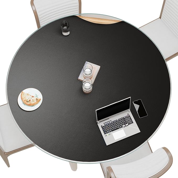 MAIDERN 48 Inch Round Cork & Leather Table Pad Protector, Cuttable Size (42-48 Inch), Trimmable Dining Table Mat, Heat Resistant/Non-Slip Table Cover for Kitchen, Office, or Restauran (Black)