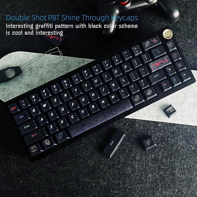 Womier Shine Through Keycaps Black Graffiti Cute PBT Keycaps 60 65 75 100 Percent, Cherry Profile Dye-Sublimation Custom Key caps Set for Cherry Gateron MX Switches Mechanical Keyboard-Black
