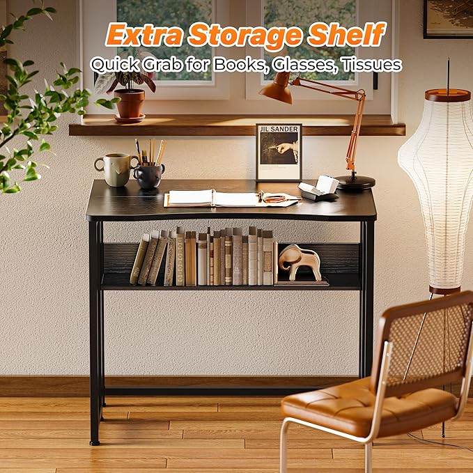 Huuger Folding Desk with Storage Shelf, 31.5 Inch Foldable Computer Table for Small Spaces, Space Saving Sofa Table for Couch, Writing Work Office Computer Desk, Easy to Fold, Black