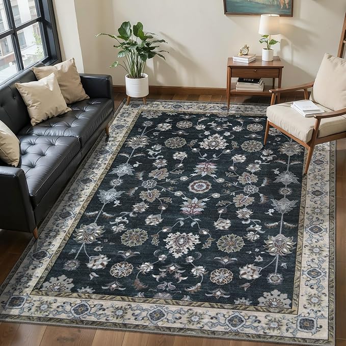 Tangsoo Black 5x7 Washable Area Rugs for Living Room, Floral Vintage Indoor Non Slip Large Area Rug, Oriental Print Distressed Carpet, Boho Soft Low Pile Foldable Floor Rug for Bedroom Dining Room