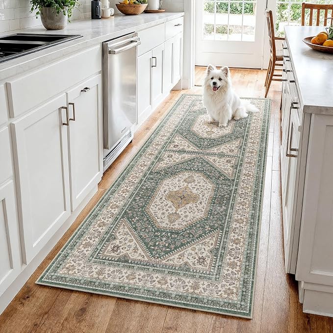 3x7 Runner Rug for Hallway Washable: Non Slip Kitchen Rugs with Rubber Backing Soft Waterproof Wide Mats Stain Resistant Low Pile Carpet for Entryway Bedroom Bathroom Laundry Home Decor Green/Beige