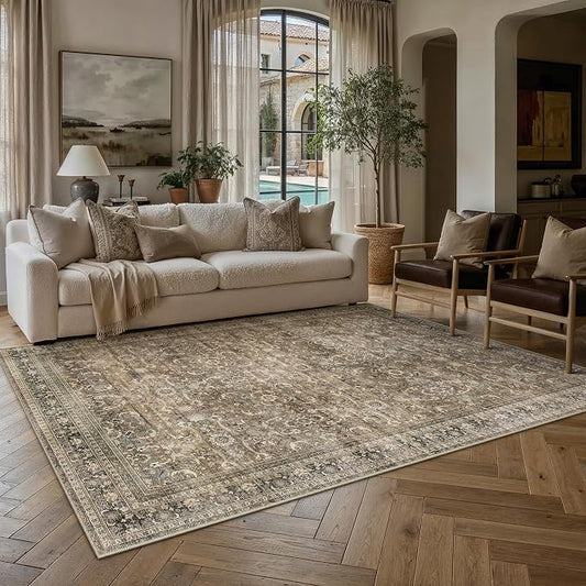 HUGEAR Area Rug 5x7 Vintage Brown Machine Washable Living Room Rugs Distressed Retro Floral Mid Pile Carpet Soft Thicker Carpet Bedroom Office Dining Room Laundry Room Non Slip Soft