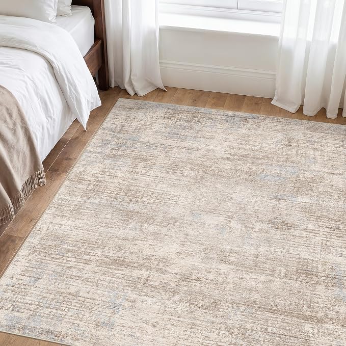 Washable Abstract 5x5 Square Rug: Low Pile Throw Rugs with Non Slip Rubber Backing Stain Resistant Carpet Soft Rugs for Entryway Living Room Bedroom (Ivory Beige Distressed,5x5 Square)