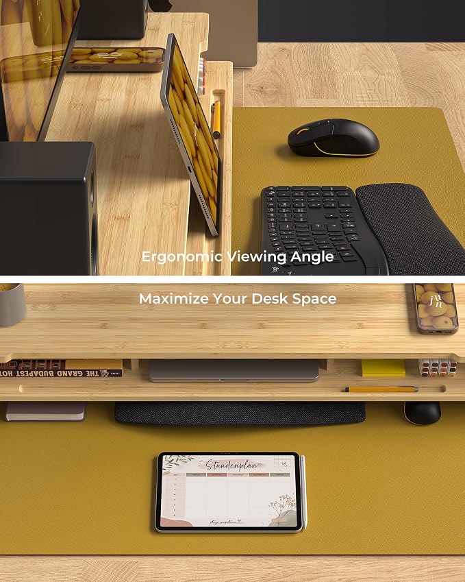 42.5” Dual Monitor Stand with Phone & Tablet Holder Desk Shelf | Bamboo monitor Riser for 55-72 inch Desk Cozy Computer Setup Workplace Organizer Keyboard Storage Ergonomic