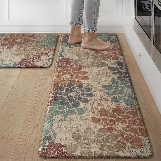GENIMO Anti Fatigue Kitchen Mats for Floor 2PCS, Cushioned Standing Mats | 17.3"x47"&17.3"x30", Brick red vintage floral rug set, waterproof, non slip, easy-clean for farmhouse