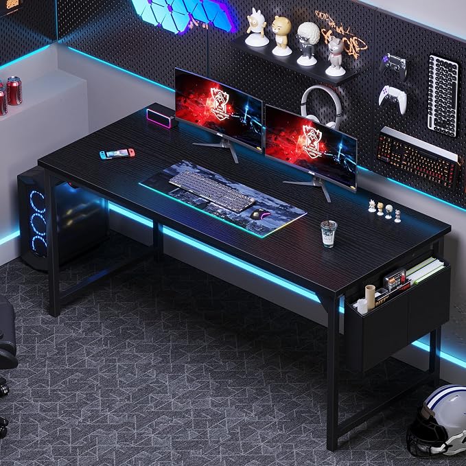 OLIXIS 63 Inch Computer Desk for Home Office, Writing Study Craft Gaming Table, Modern Computer Workstation with Storage Bag and Headphone Hook for Bedroom Small Spaces, Black