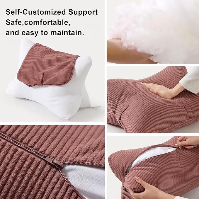 Pat. Pend. Corduroy Back Pillow for Sitting Up & Reading, Ergonomic Triangle Lumbar Support Cushion for Sofa, Armchair & Bed, Removable Cover, Brick Brown