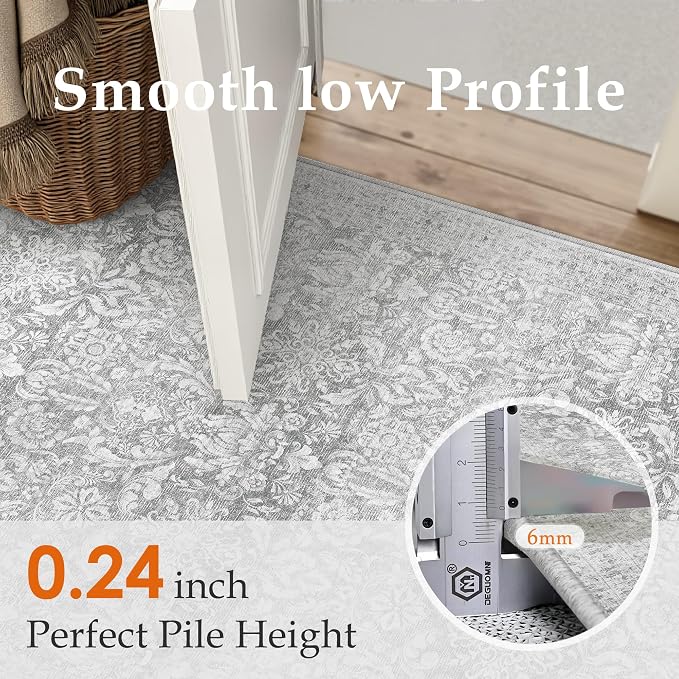 PureCozy 4x6 Area Rug Washable Gray Vintage Home Office Carpet Indoor Non Slip Small Low Plie Thin Bedroom Living Dining Room Retro Accent Throw Grey Rug