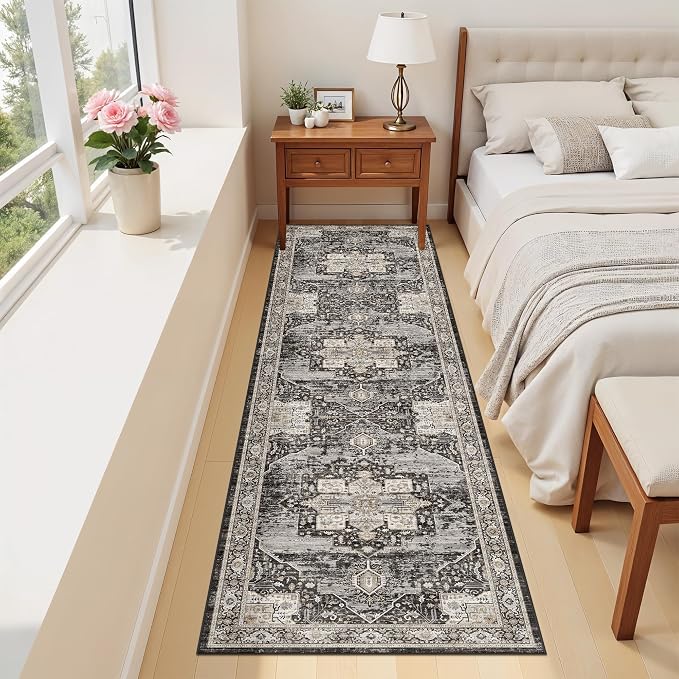 RUUGME Washable 2x8 Oriental Runner Rug - Soft Stain Resistant Rugs for Living Room Bedroom Non Slip Low Pile Carpets for Dining Room Home Decor Mat 2x8 Black