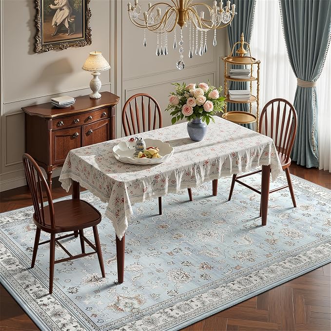 5x7 Light Blue Washable Boho Area Rug for Living Room, Vintage Floral Non Slip Bedroom Rugs, Wool Low Pile Indoor Mat, Aesthetic Pattern Carpet for Kitchen, Office and Kids Room