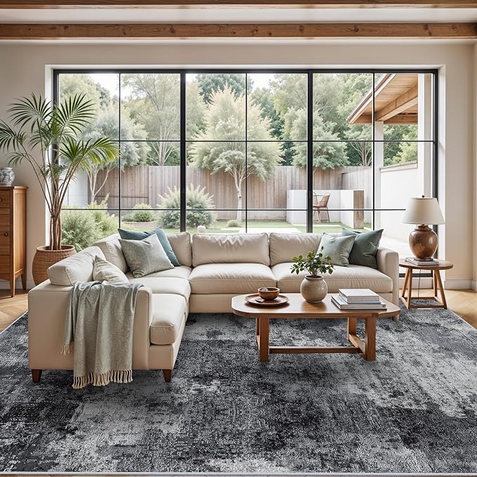 Abstract Modern Washable Rug 9x12: Non-Slip Low Pile Rug for High Traffic Areas in Living Room/Dining Room Soft Carpets for Bedroom Stain Resistant Indoor Floor Mat for Busy Families 9x12 Black White