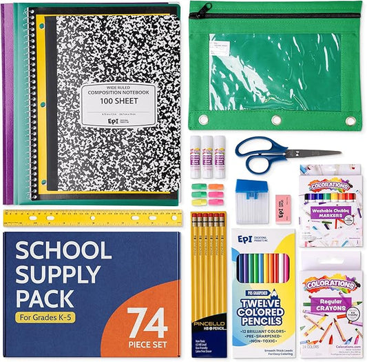 EPI Essentials Back to School Supplies for Kids – 74 Items in Kit – Kindergarten to 5th Grade School Supply Packs – Wide-Ruled Bundle with Composition Notebooks – Suitable for Homeschooling