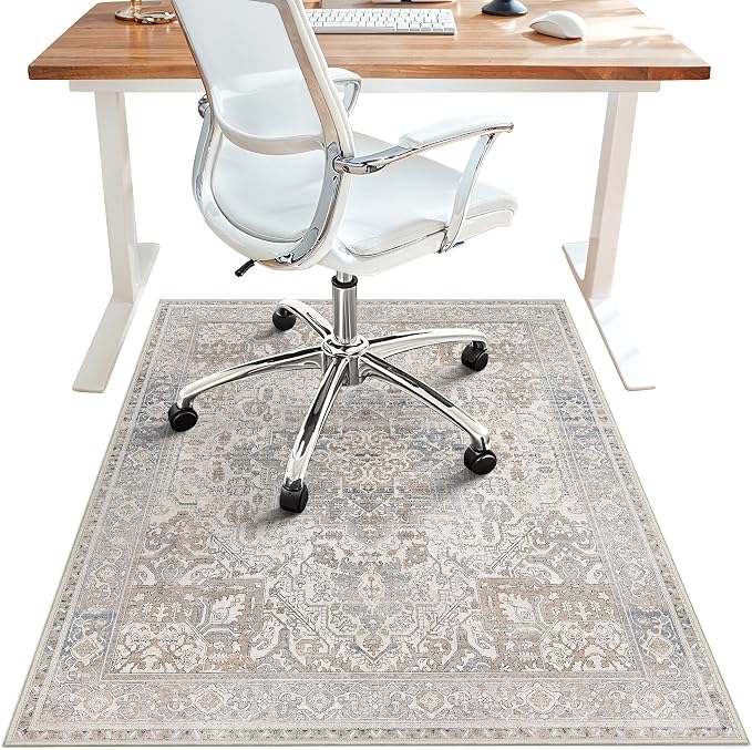 36"x60" Office Chair Mat for Hardwood Tile Floor, Under Desk Carpet Protector for Rolling Computer Chair Mat, Machine Washable Area Rug, Anti-Slip 1/5" Thick Low Pile Thin Floor Mat, Khaki Blue