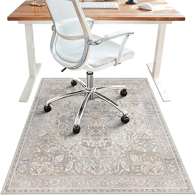 48"x72" Office Chair Mat for Hardwood Tile Floor, Under Desk Carpet Protector for Rolling Computer Chair Mat, Machine Washable Area Rug, Anti-Slip 1/5" Thick Low Pile Thin Floor Mat, Khaki Blue